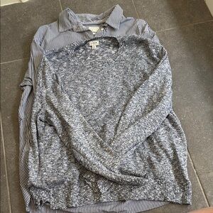 J.Crew Heathered Navy Sweater Layered Over Striped Button-Up